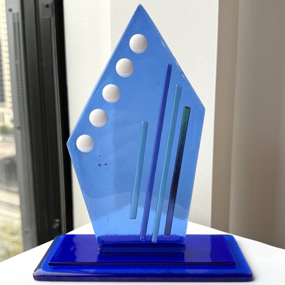 Robin Larson Signed Blue Glass Pop Art Sculpture 8 1/2" Modernist Trophy - Picture 1 of 8